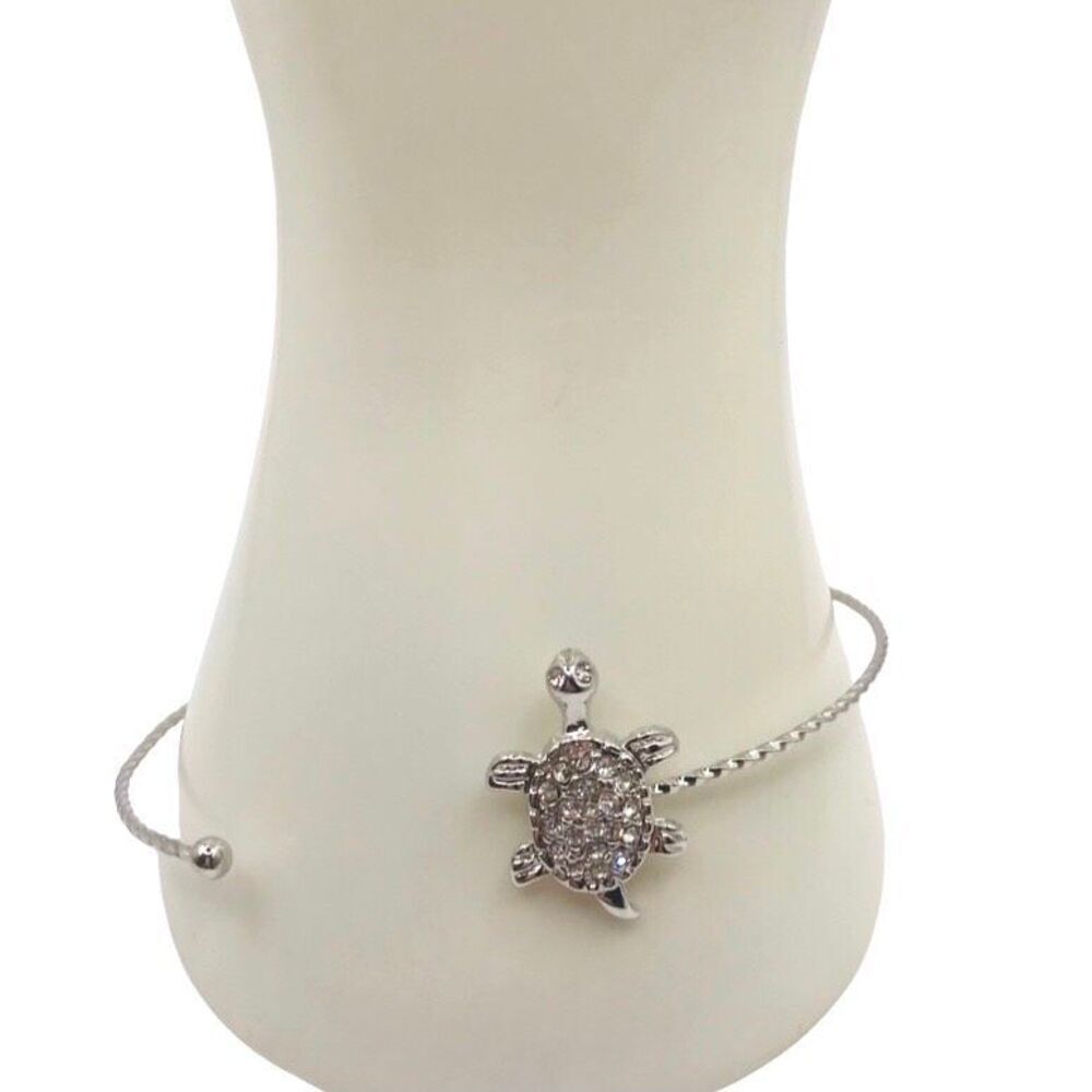 Silver Turtle Charm Dainty Cuff Bracelet